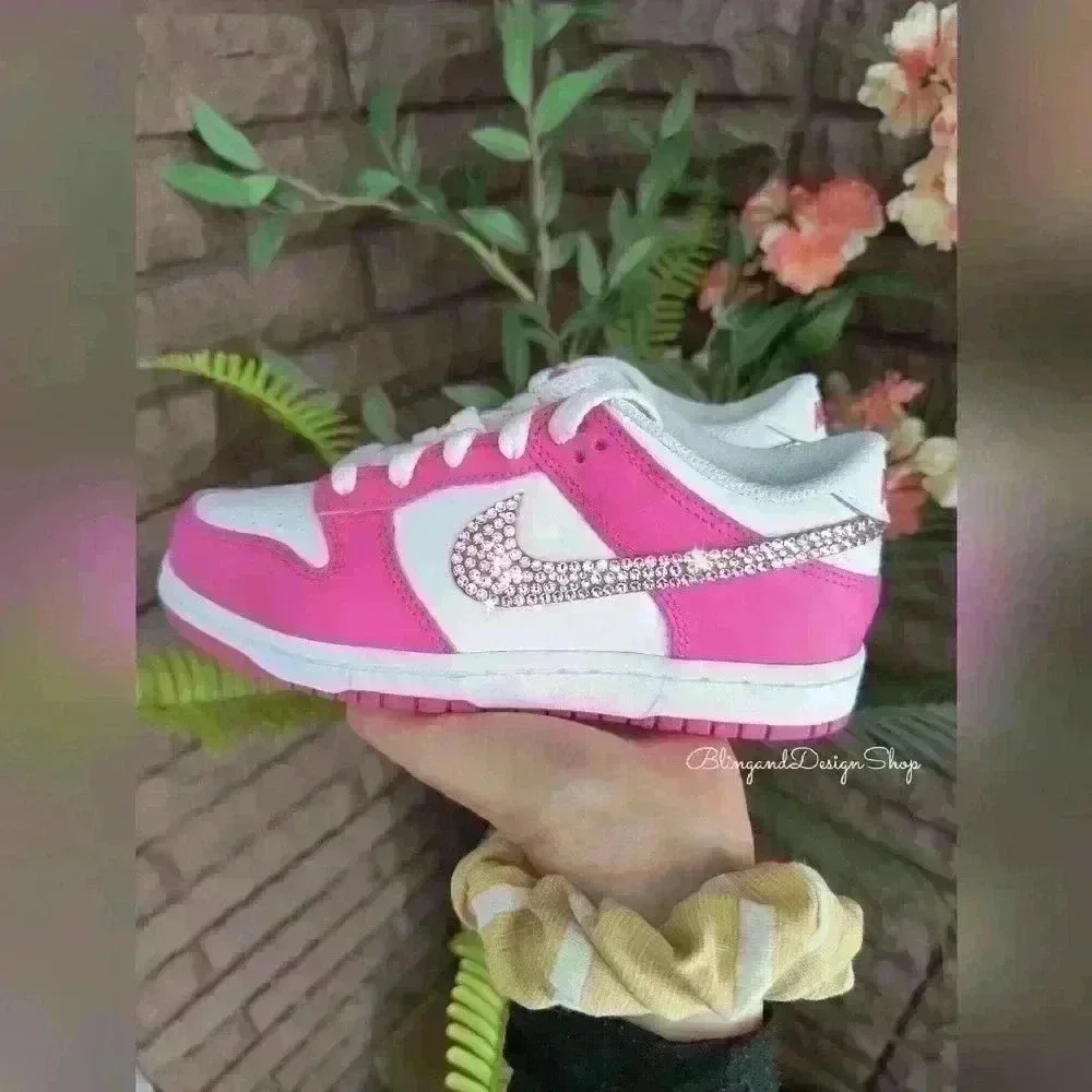 Swarovski Nike Dunk Low Pink Girls Kids Sneakers Shoes made with Clear Crystals